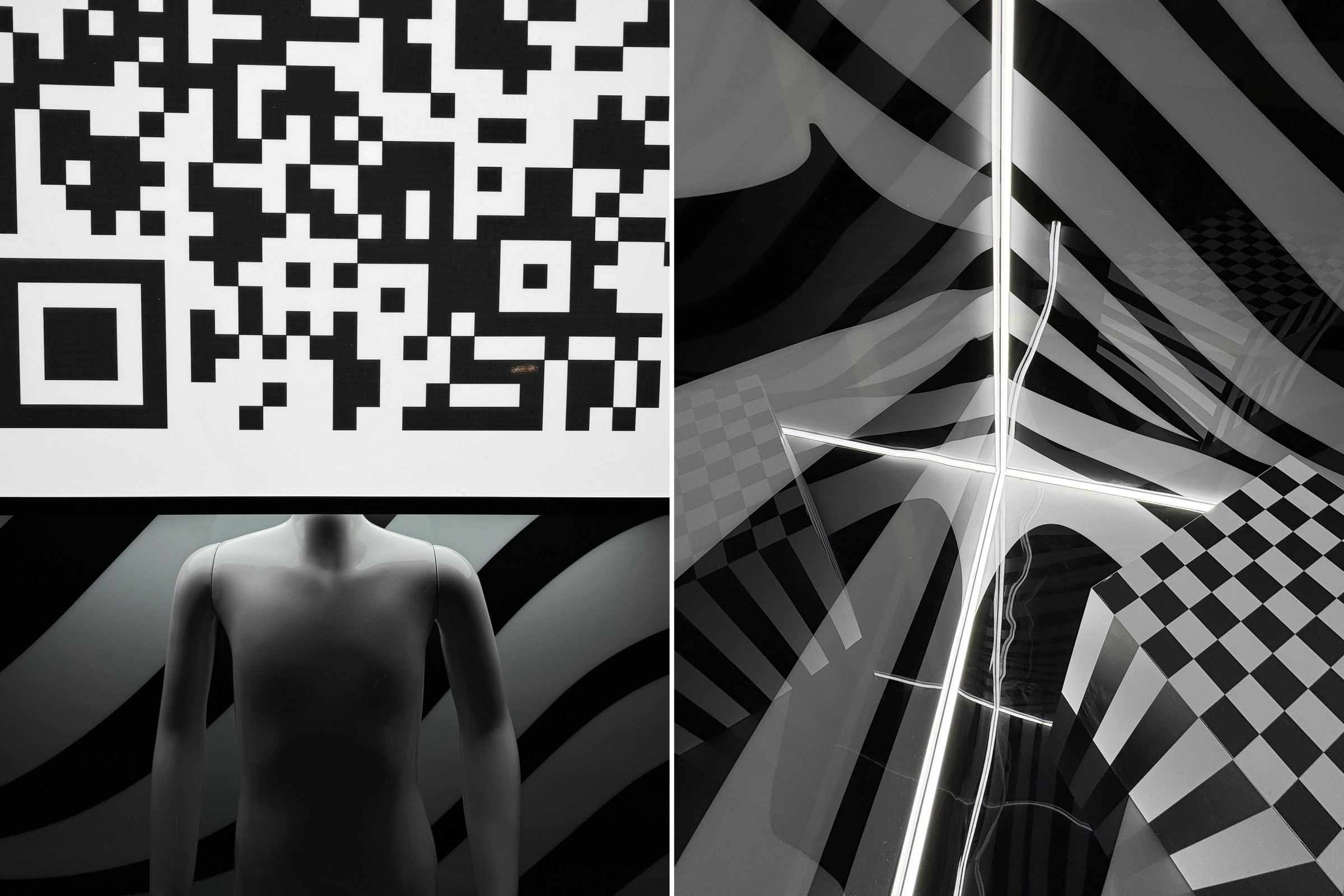 чёрно-белый декор зала с QR-кодом и оптическими узорами