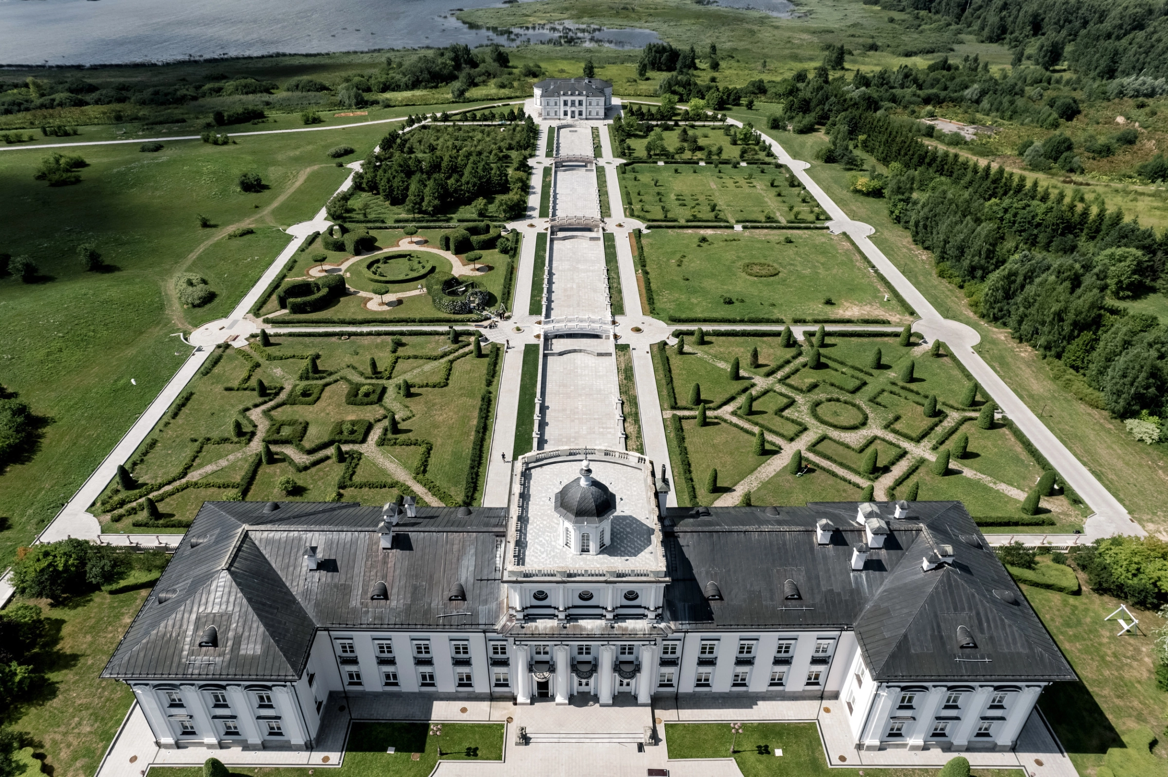 Palace aerial view formal gardens hedge maze patterns perspective