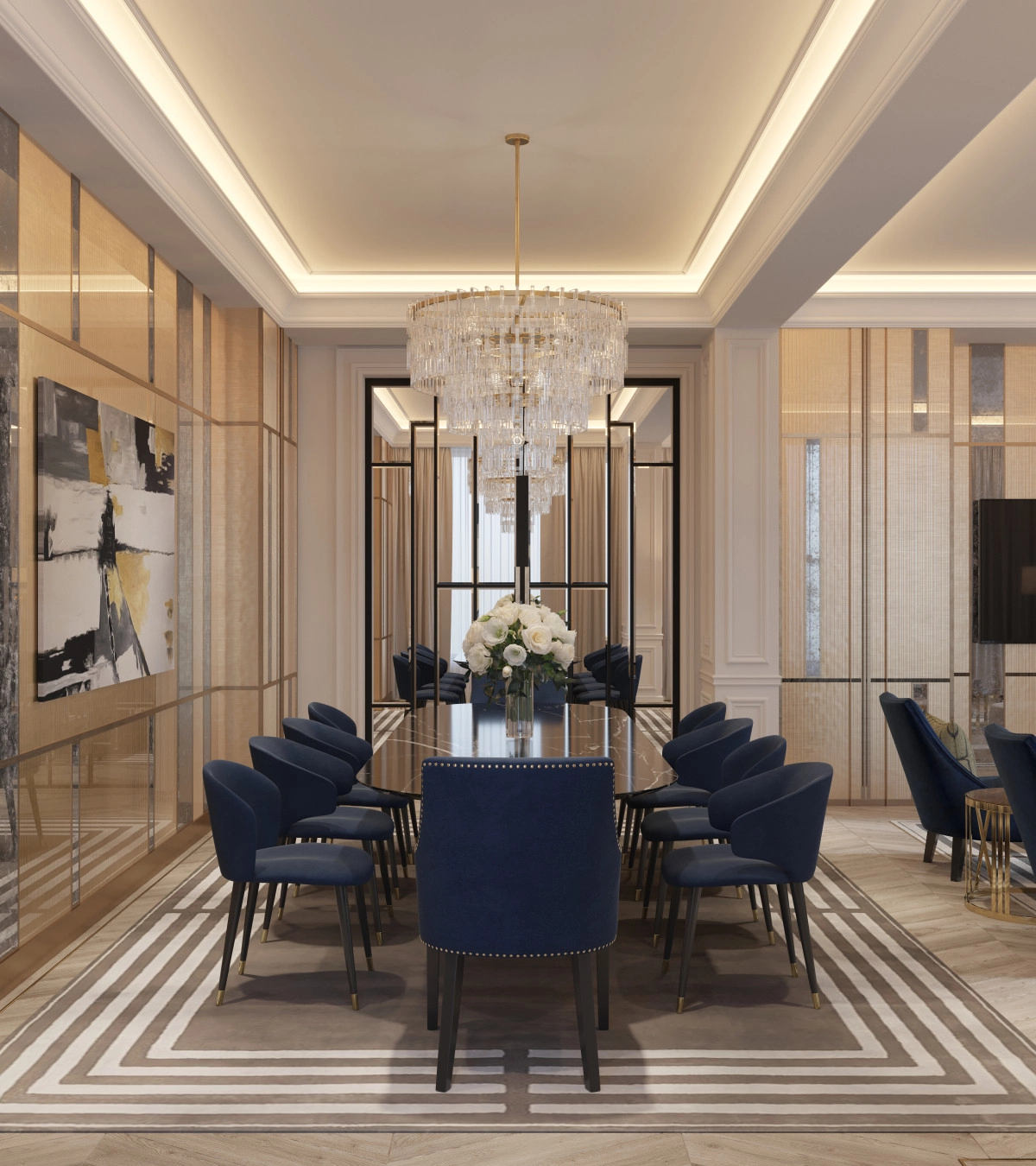Dining room crystal chandelier navy table gold venue