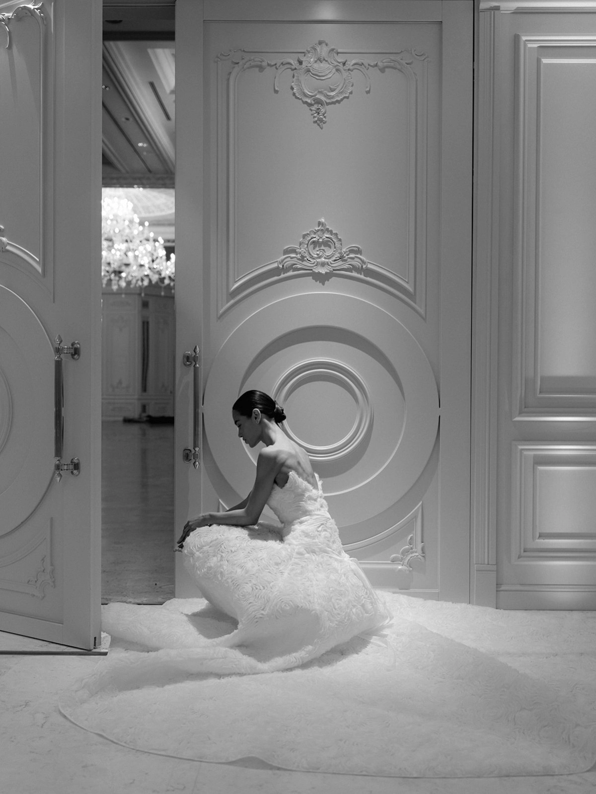 Bride white dress ornate room circular ceiling venue
