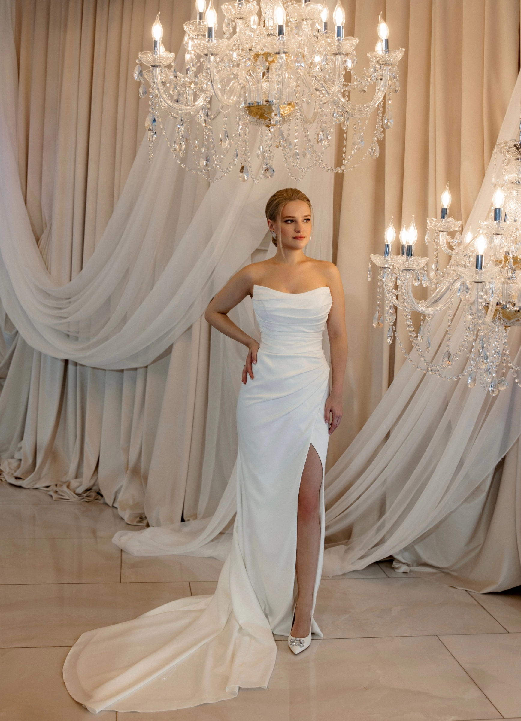 White off-shoulder dress luxury bridal styling chandelier