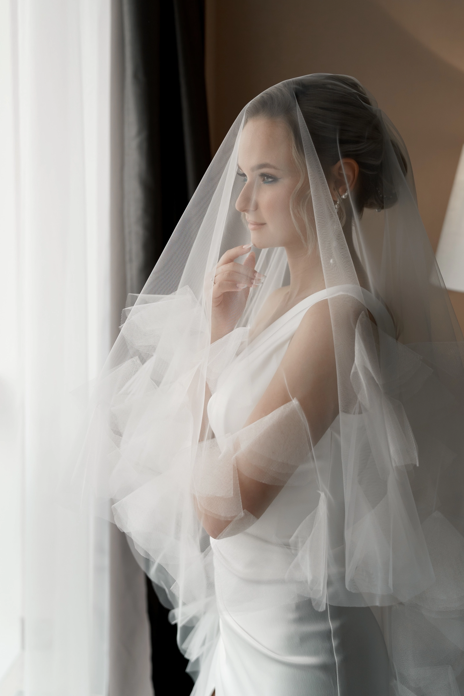 Bridal veil white dress profile romantic styling