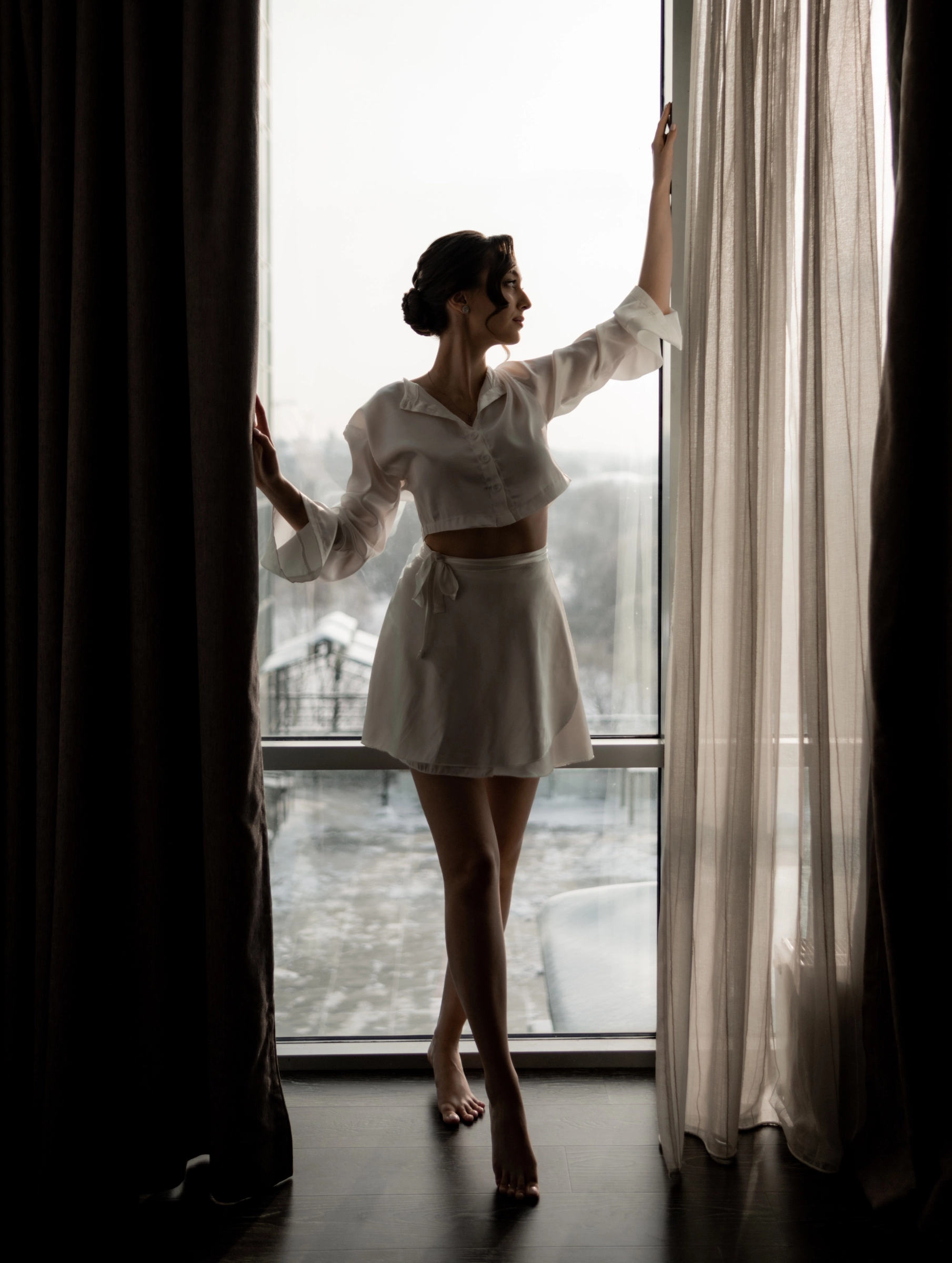 White short dress bridal window morning contemporary