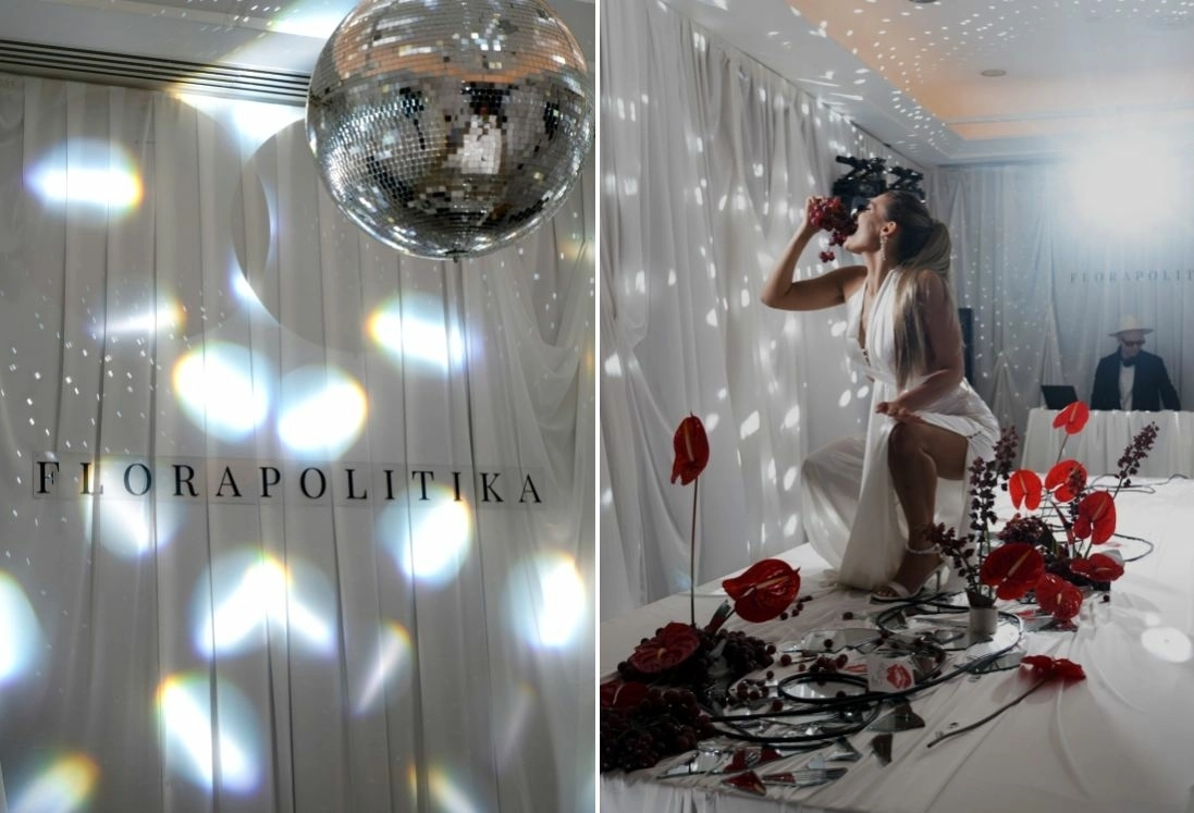 фотозона с диско-шаром и вывеской бренда декоратора florapolitika