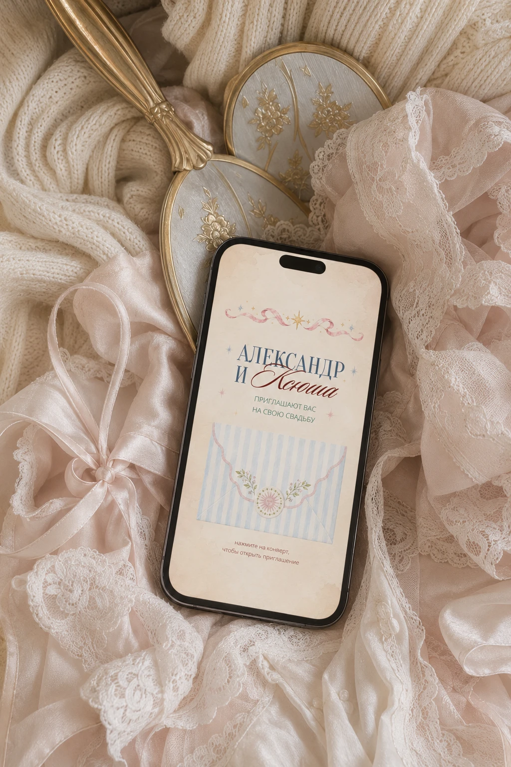 веб-приглашение в виде конверта с именами пары на экране телефона