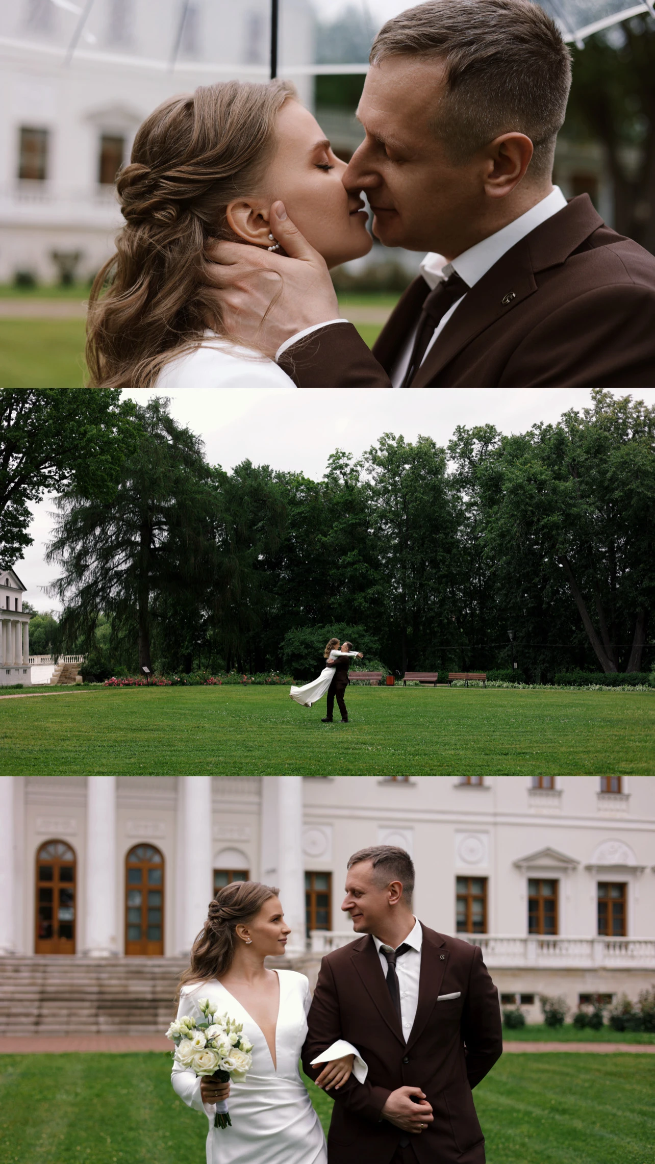 коллаж из трех фото пары в парке усадьбы